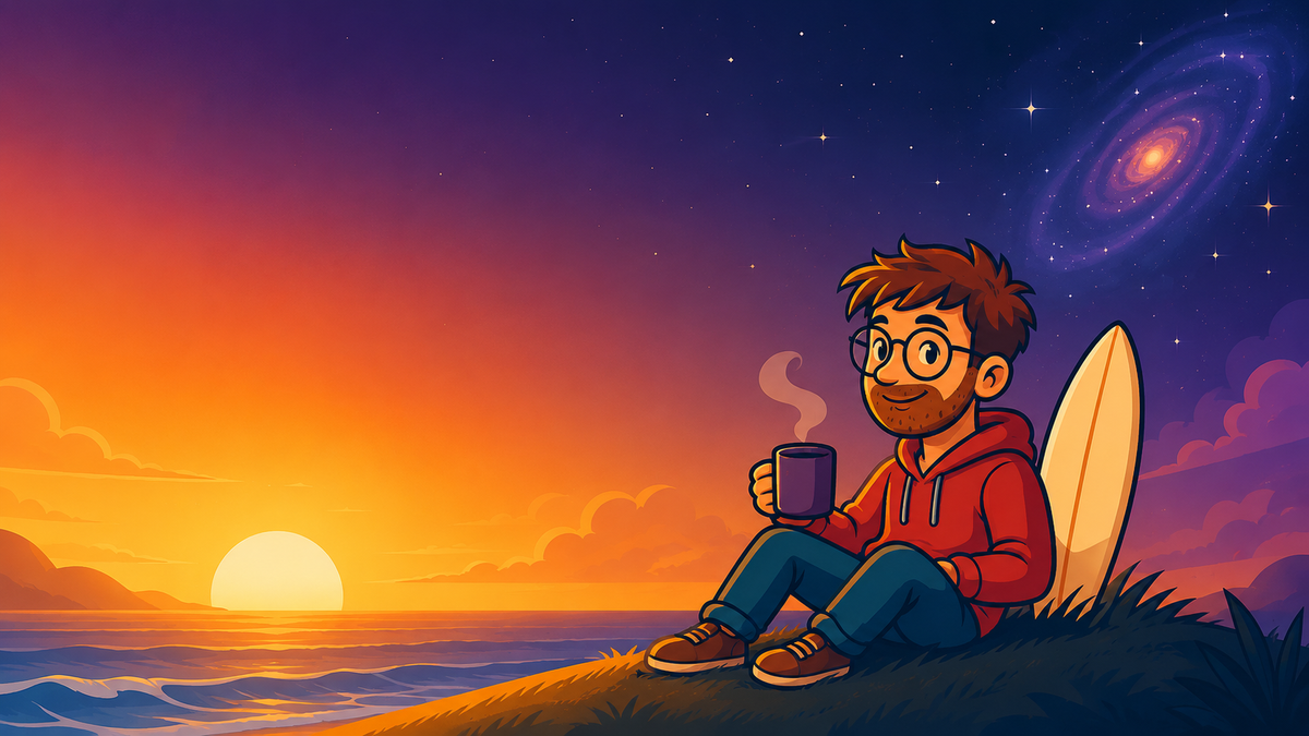 Red Hoodie on a hill, mug, surfboard, sunset and galaxy